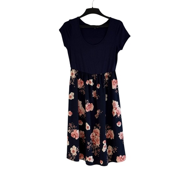 Modcloth Womens Navy Floral Pink Roses Dress Size Large Fit Flare - Picture 3 of 7